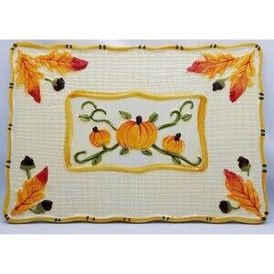 Fall Temptations by Tara Rectangle Tray Trivet Ceramic Pumpkin Autumn Acorn 6x9
